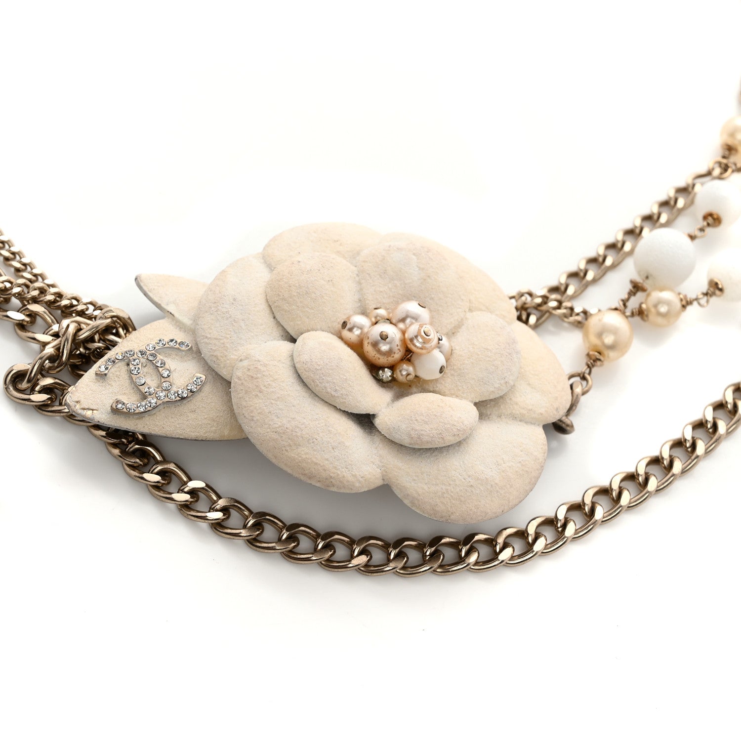 Chanel Pearl Crystal Beaded Camellia Chain Belt Gold White 3 of 5