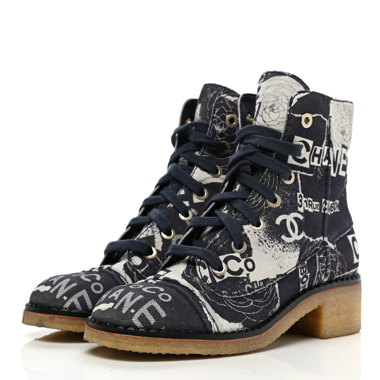 Chanel Printed CC Canvas 31 Rue Cambon Lace Up Combat Boots 38 Navy Black 3 of 9