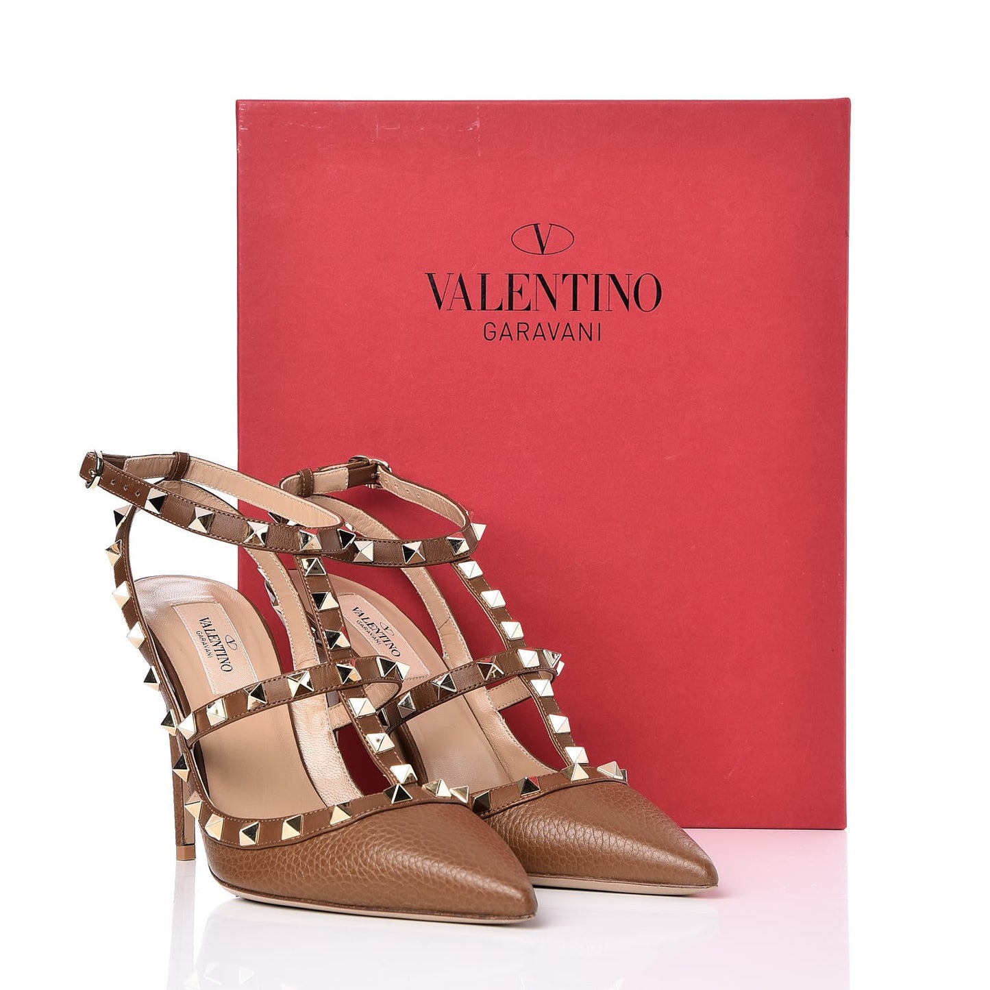 Pebbled Calfskin Rockstud Ankle Strap 100mm Pumps 38 Deep Cuir