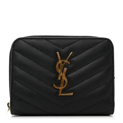 Saint Laurent Grain De Poudre Matelasse Chevron Monogram Compact Zip Around Wallet Black 1 of 7