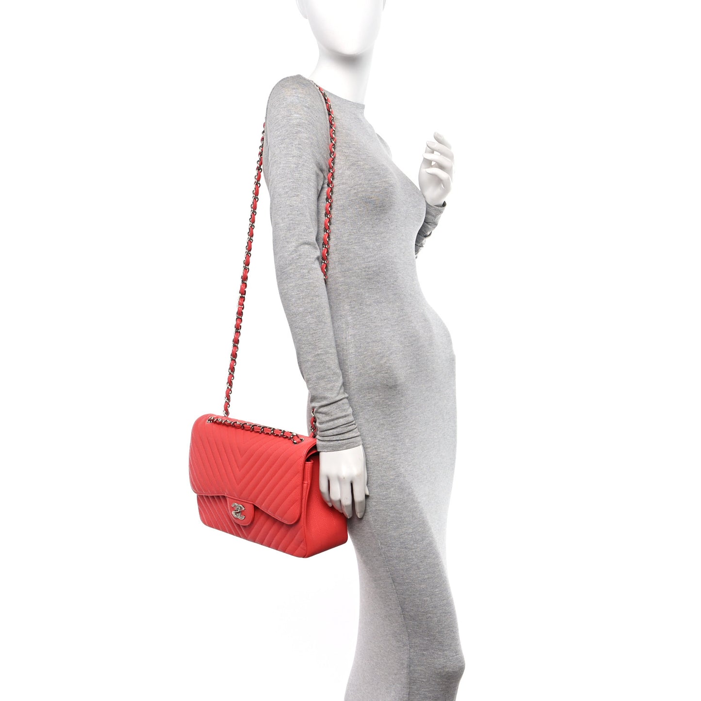 Caviar Chevron Quilted Jumbo Double Flap Coral