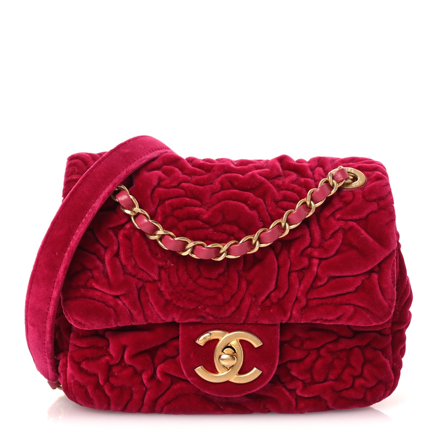 Velvet Camellia Embossed Mini Square Flap Fushia