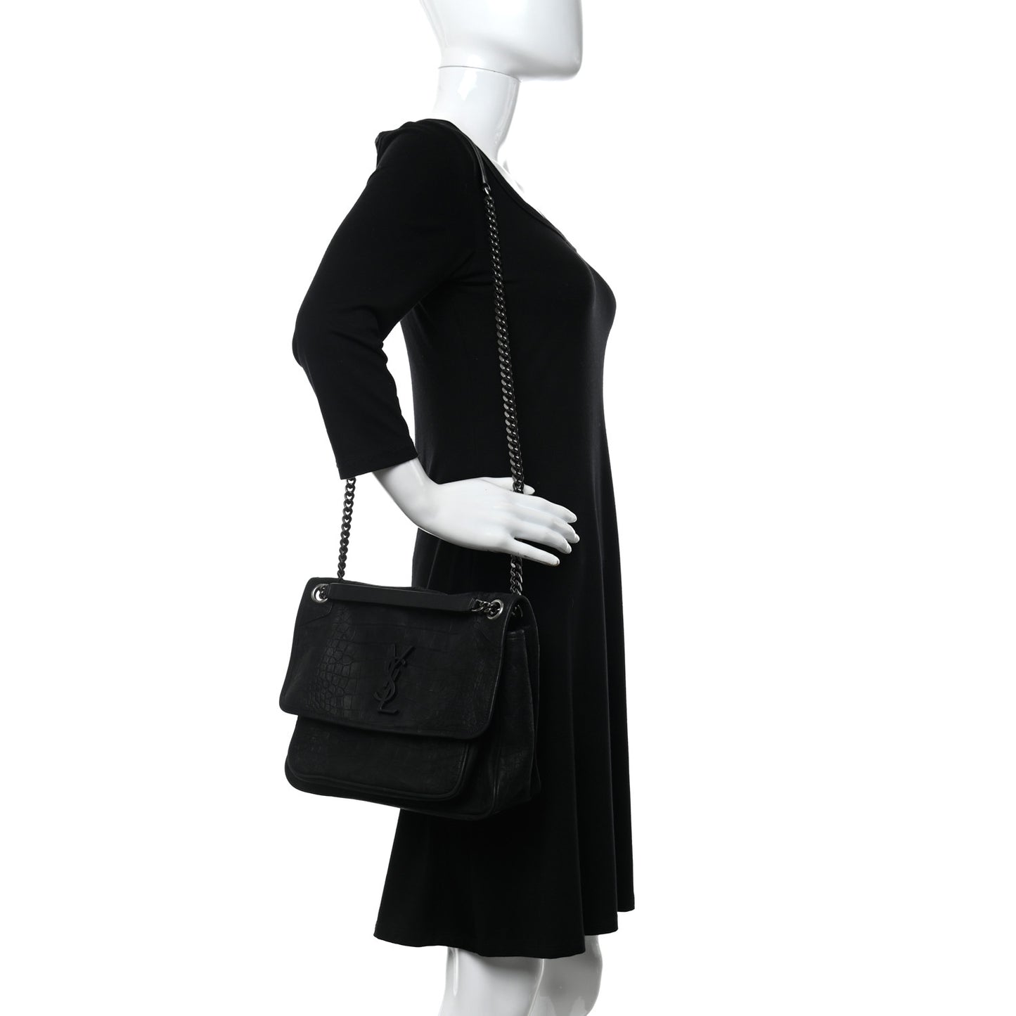 Nubuck Crocodile Embossed Monogram Medium Niki Chain Satchel Black