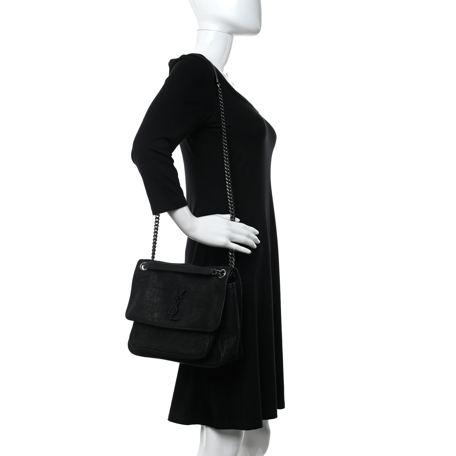 Saint Laurent Nubuck Crocodile Embossed Monogram Medium Niki Chain Satchel Black 2 of 11