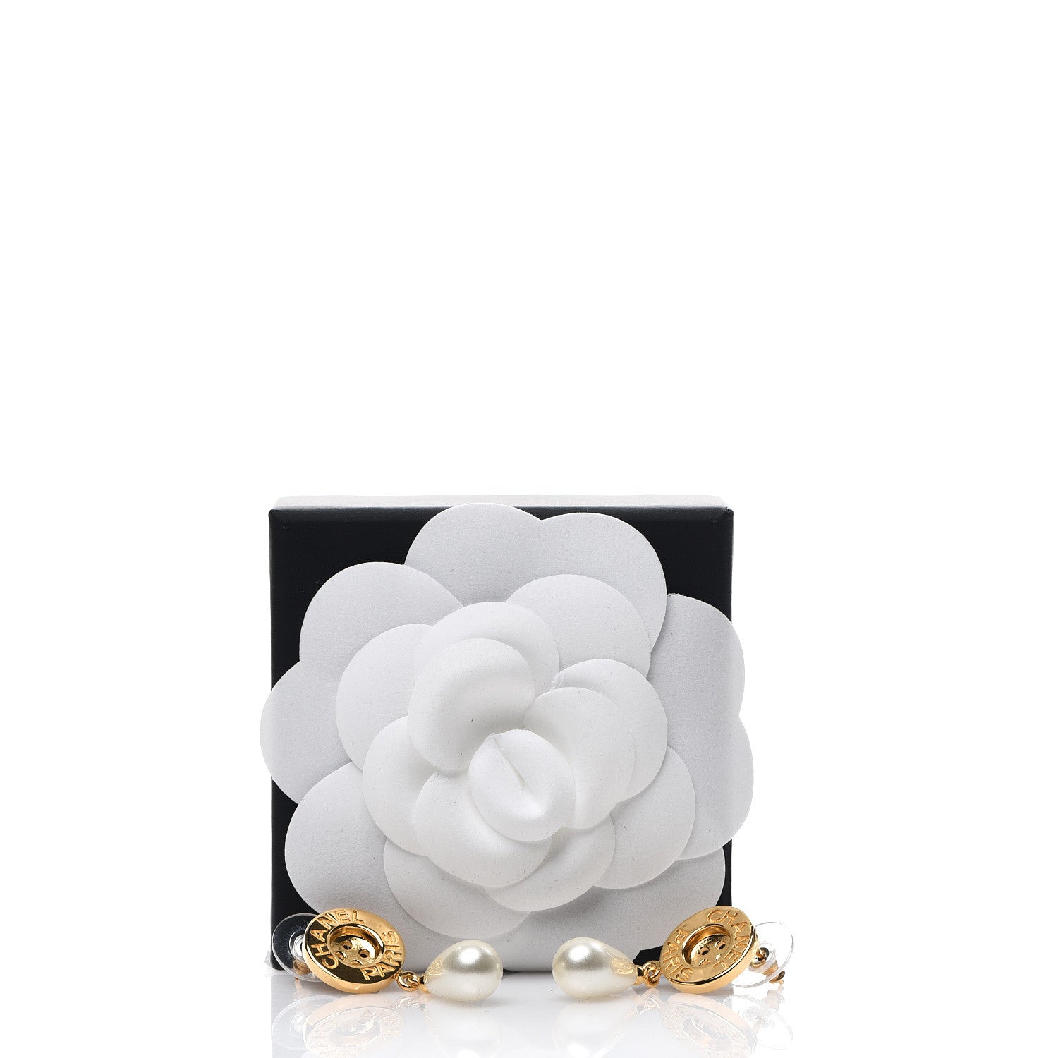 Chanel Metal Pearl Paris Button Drop Earrings Gold 5 of 5