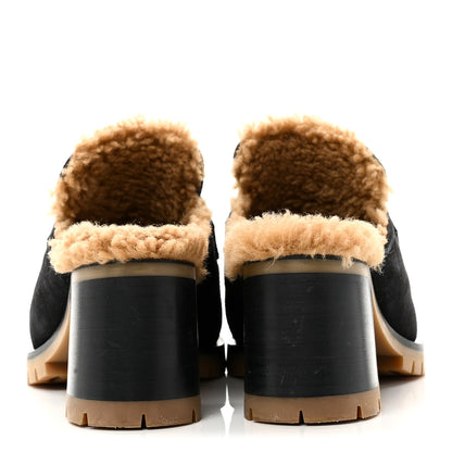 Hermes Suede Goatskin Woolskin Flore 60 Mules 36.5 Black Camel 6 of 10