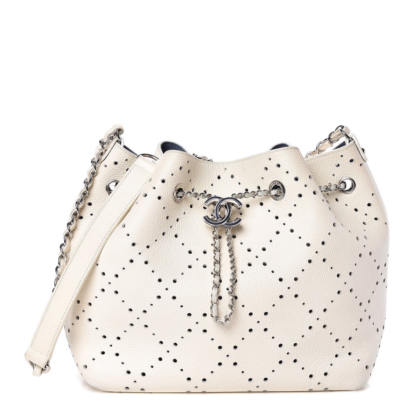 Caviar Perforated Drawstring CC Bag White