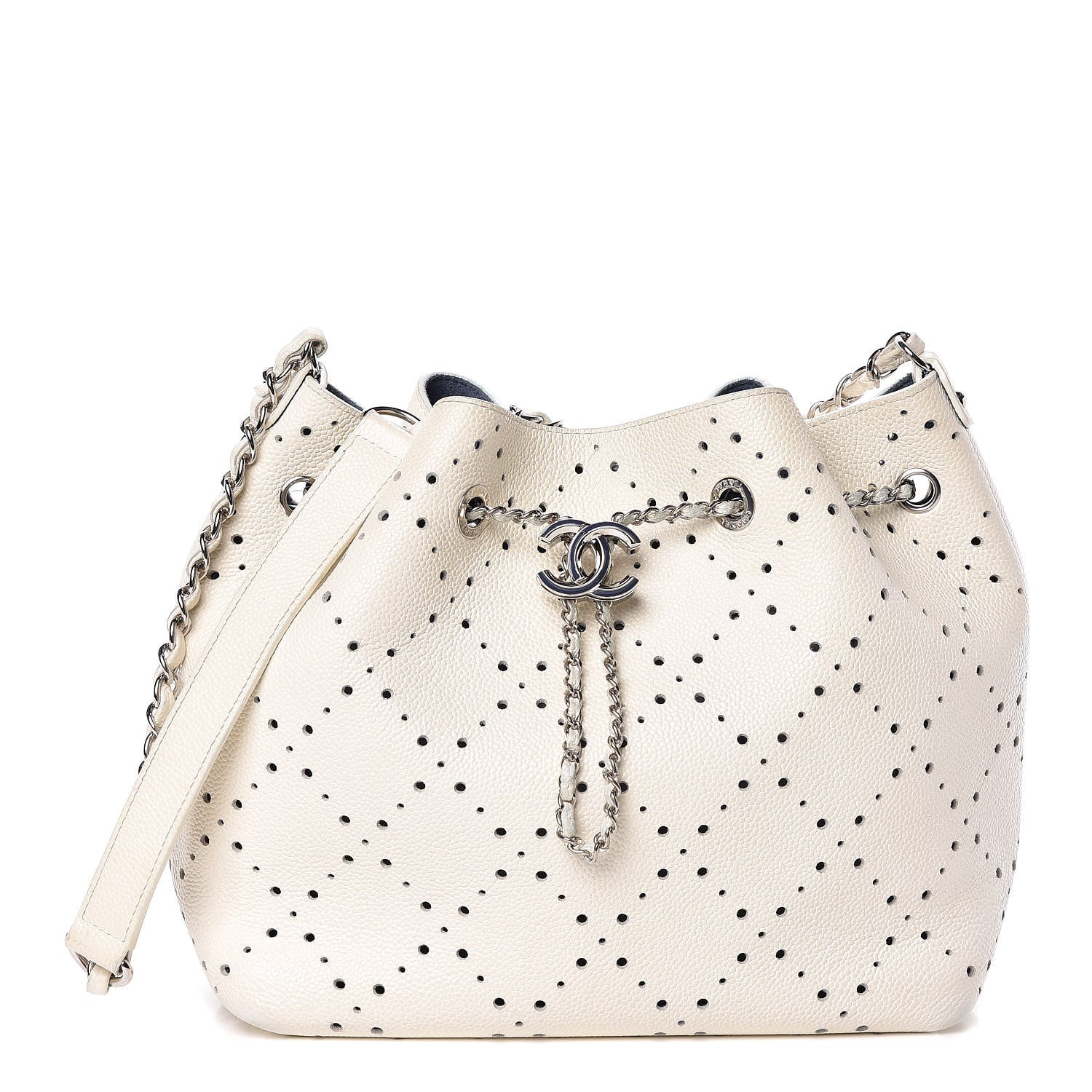 Chanel Caviar Perforated Drawstring CC Bag White 1 of 19