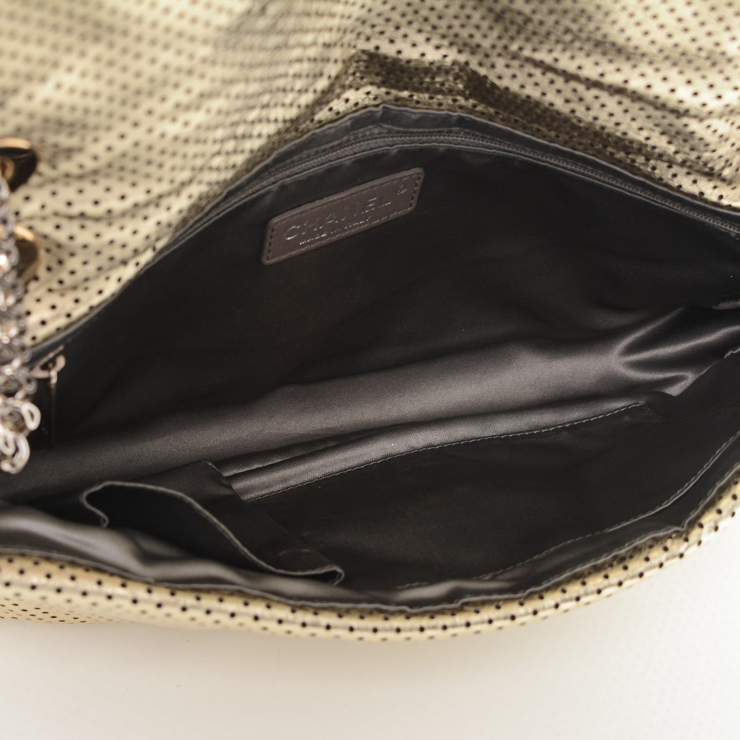 Metallic Crackled Calfskin Perforated Large Drill Flap Gold