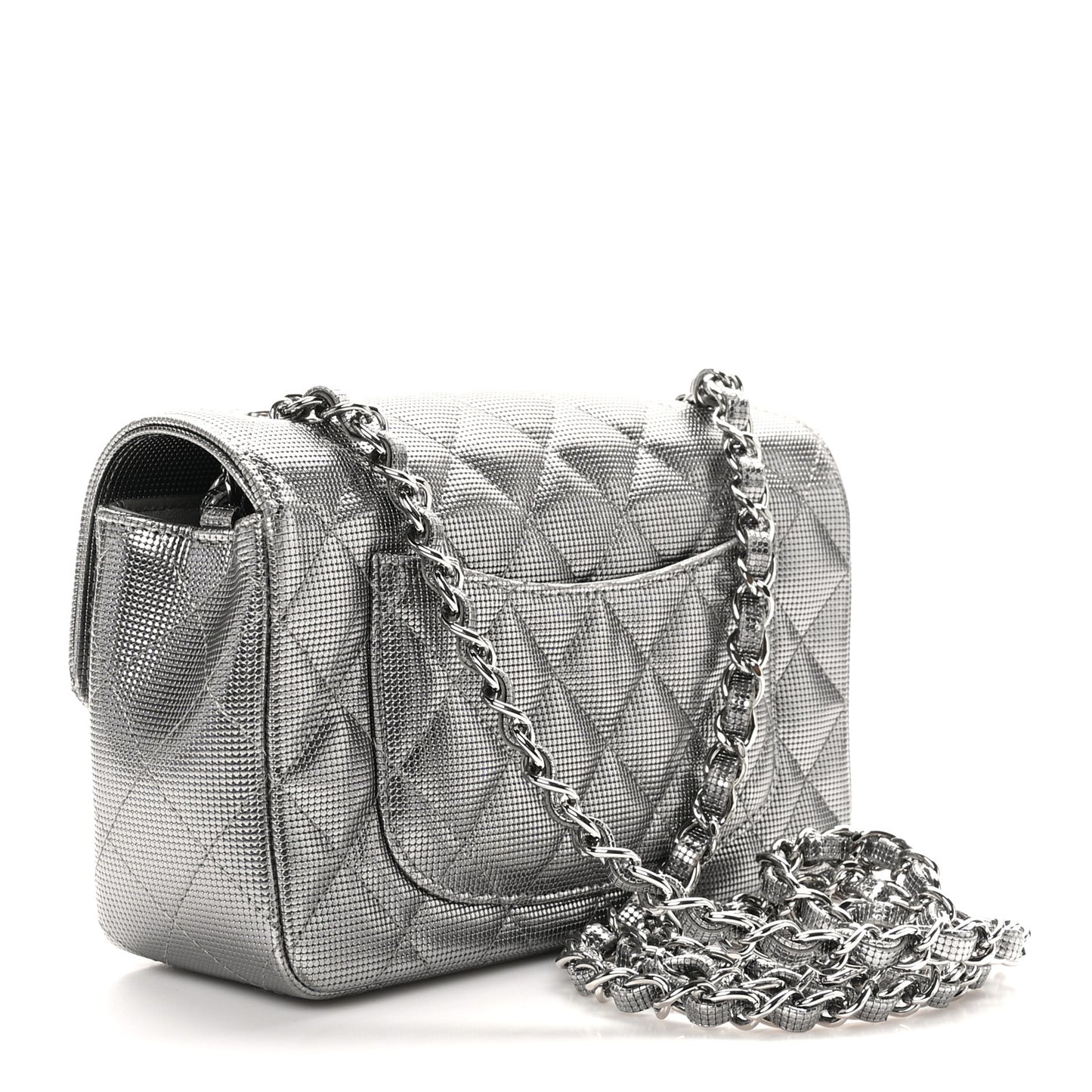 Metallic Calfskin Quilted Pixel Effect Mini Rectangular Flap Dark Silver