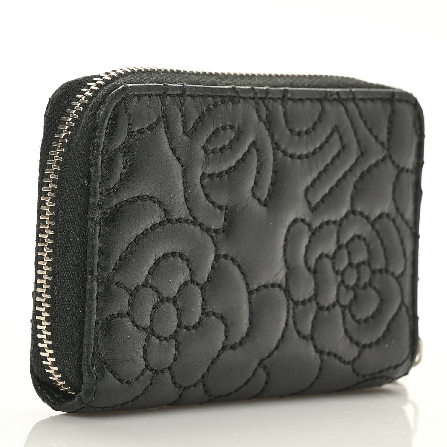 Chanel Lambskin Camellia Embossed Zip Coin Purse Black 4 of 7