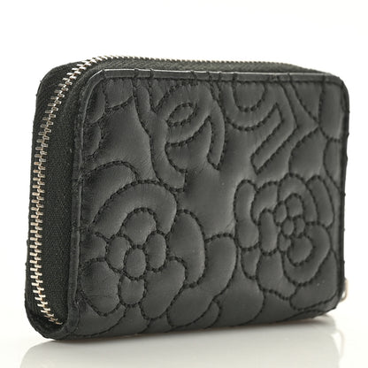 Chanel Lambskin Camellia Embossed Zip Coin Purse Black 4 of 7