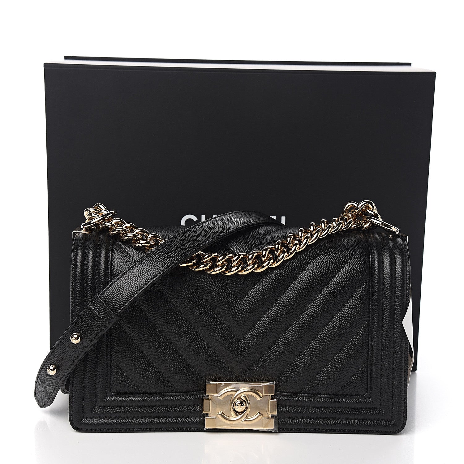 Chanel Caviar Chevron Quilted Medium Boy Flap Black 10 of 10
