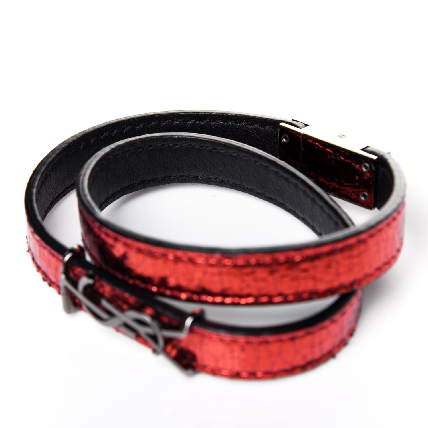 Saint Laurent Metallic Calfskin Opyum Double Wrap Bracelet Red 6 of 6