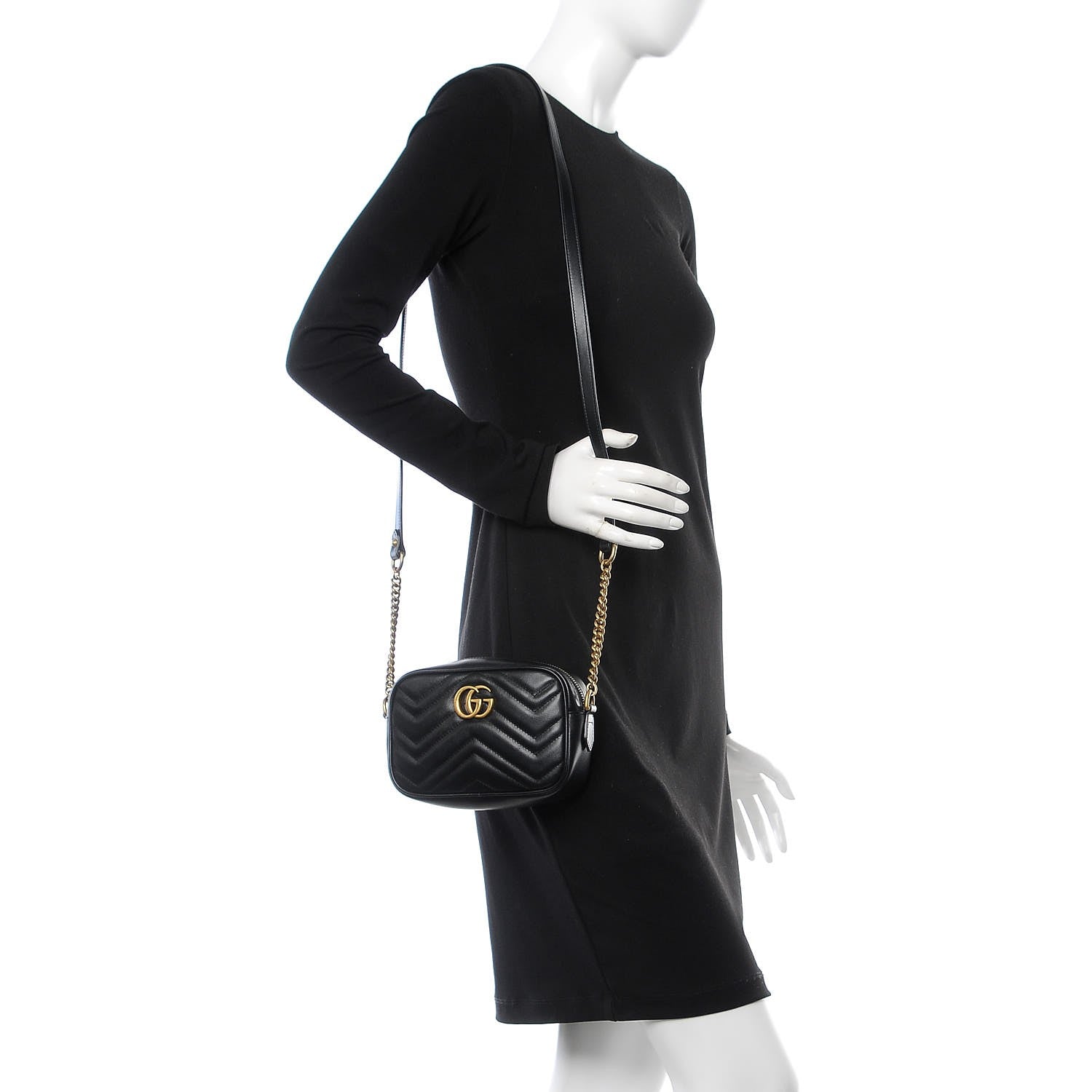 Gucci Calfskin Matelasse Mini GG Marmont Chain Shoulder Bag Black 2 of 7