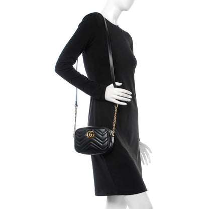 Gucci Calfskin Matelasse Mini GG Marmont Chain Shoulder Bag Black 2 of 7