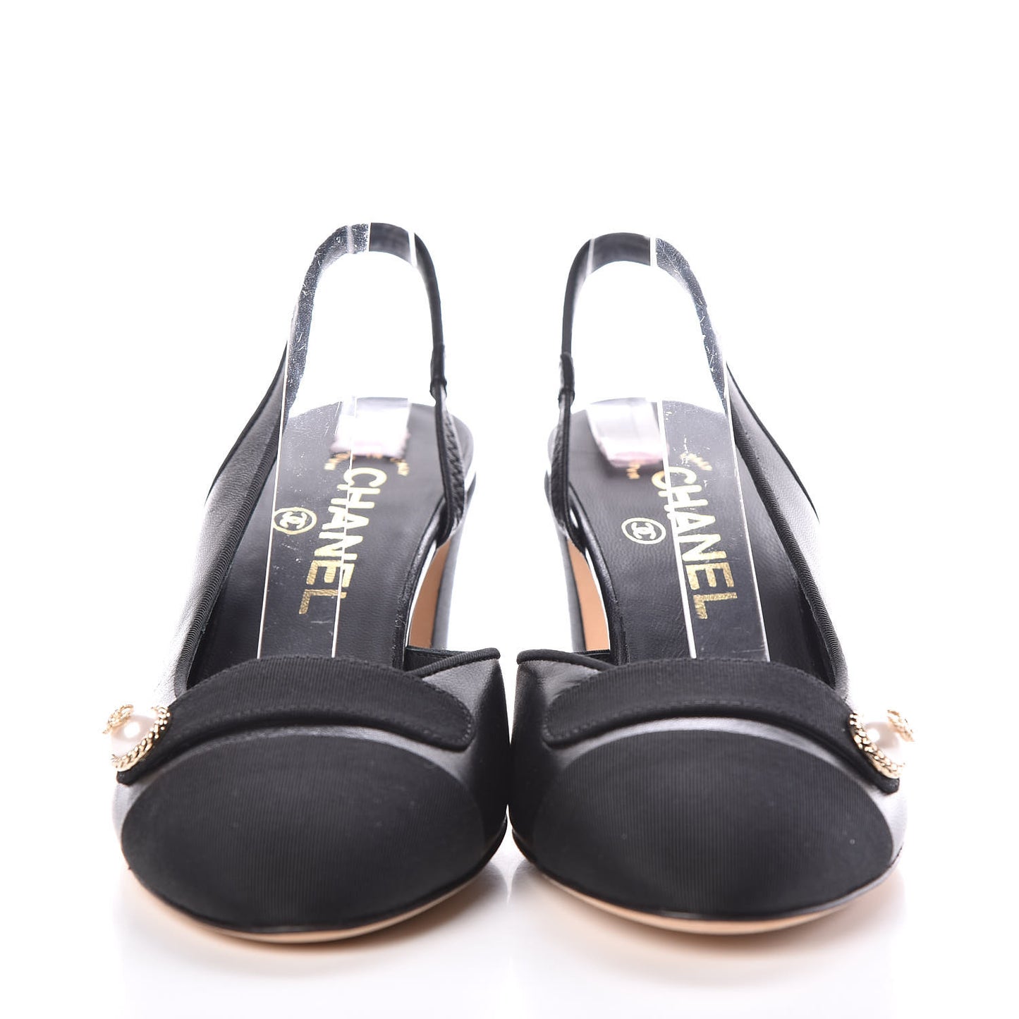 Lambskin Grosgrain Pearl Cap Toe CC Slingback Pumps 36.5 Black
