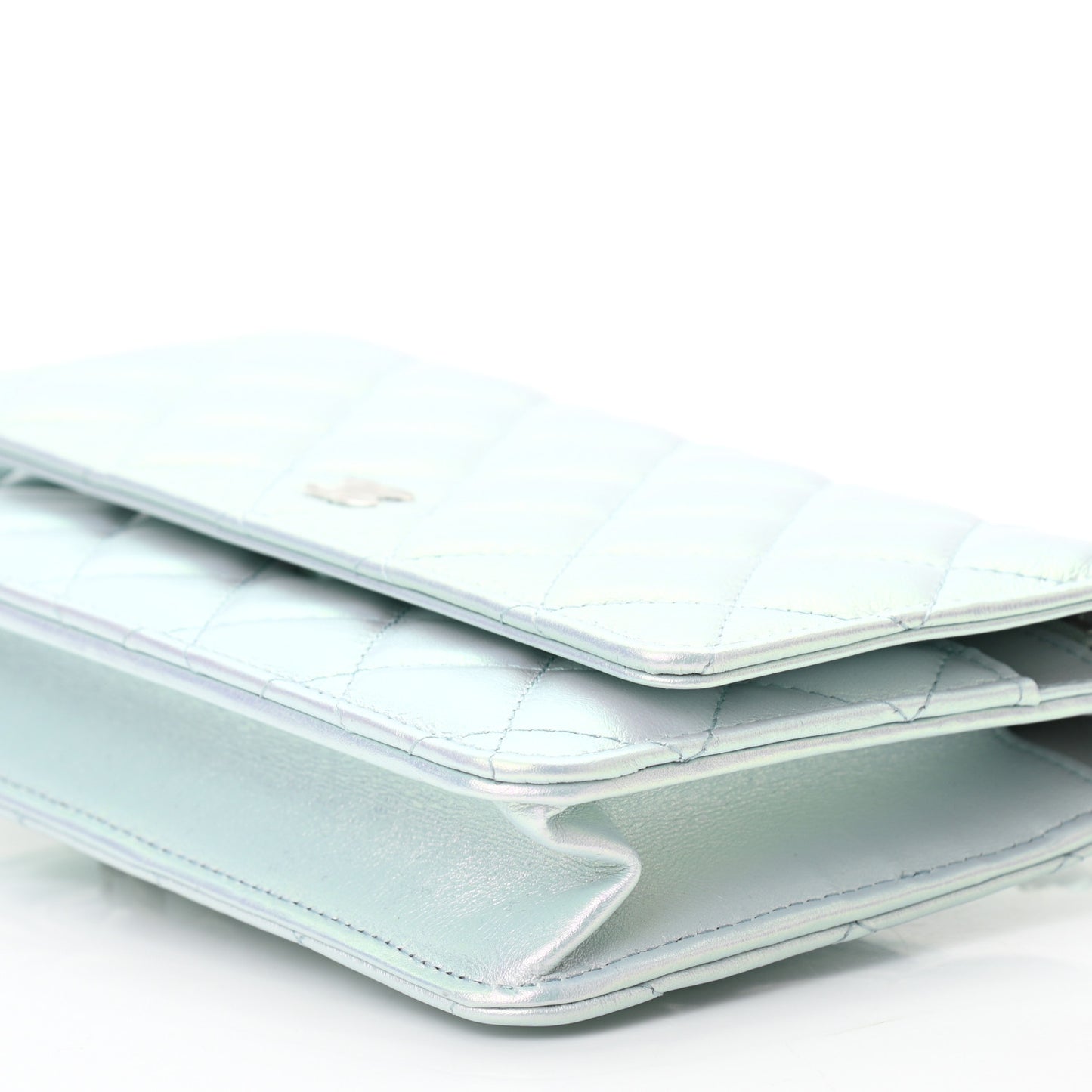Iridescent Calfskin Quilted Wallet On Chain WOC Light Blue