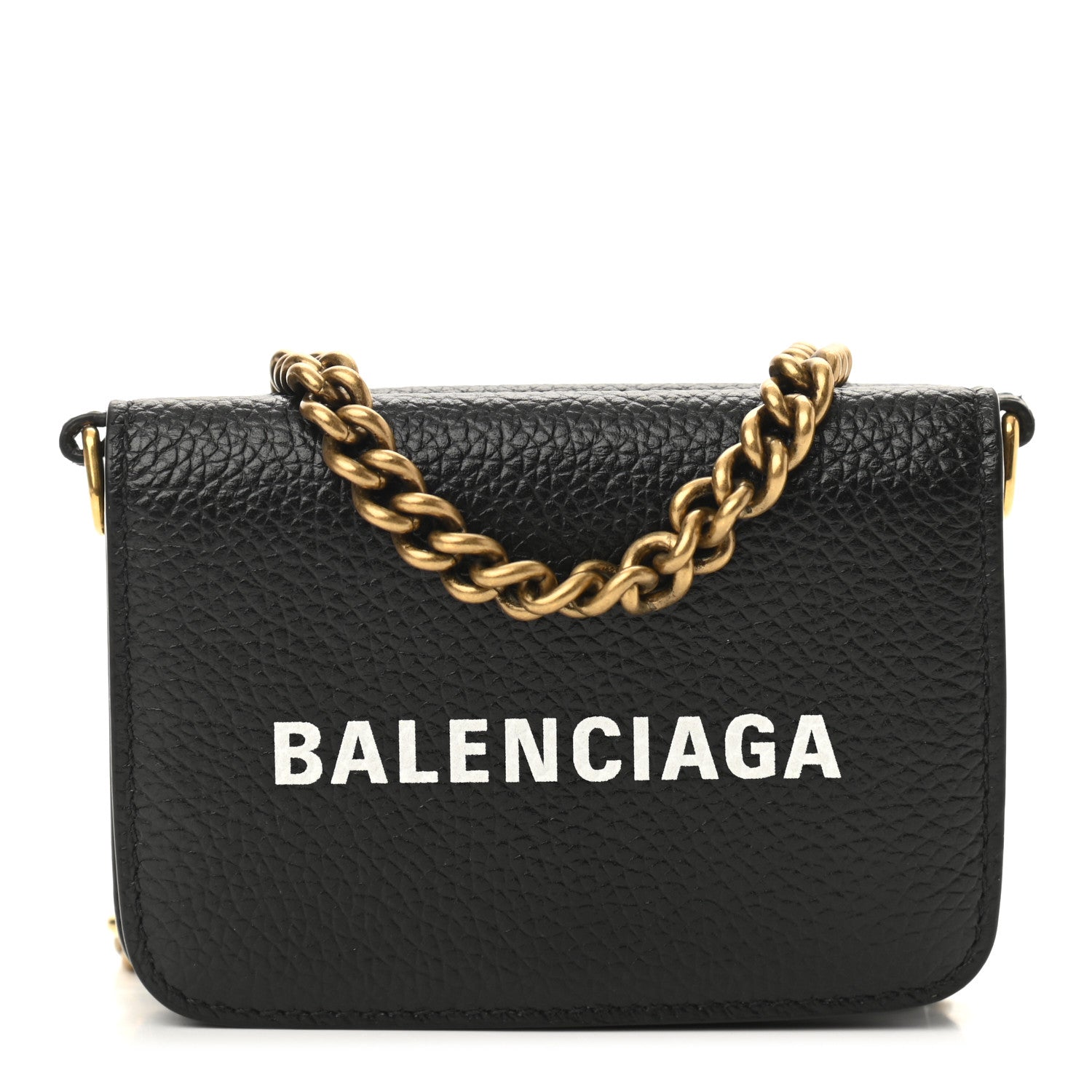 Balenciaga Grained Calfskin Logo Mini Cash Wallet On Chain Black White 1 of 7