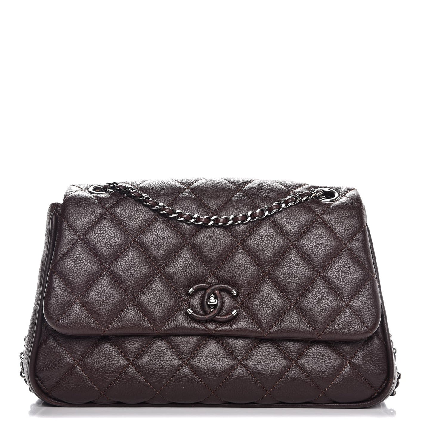 Grained Calfskin Quilted Medium Frame In Chain Flap Brown