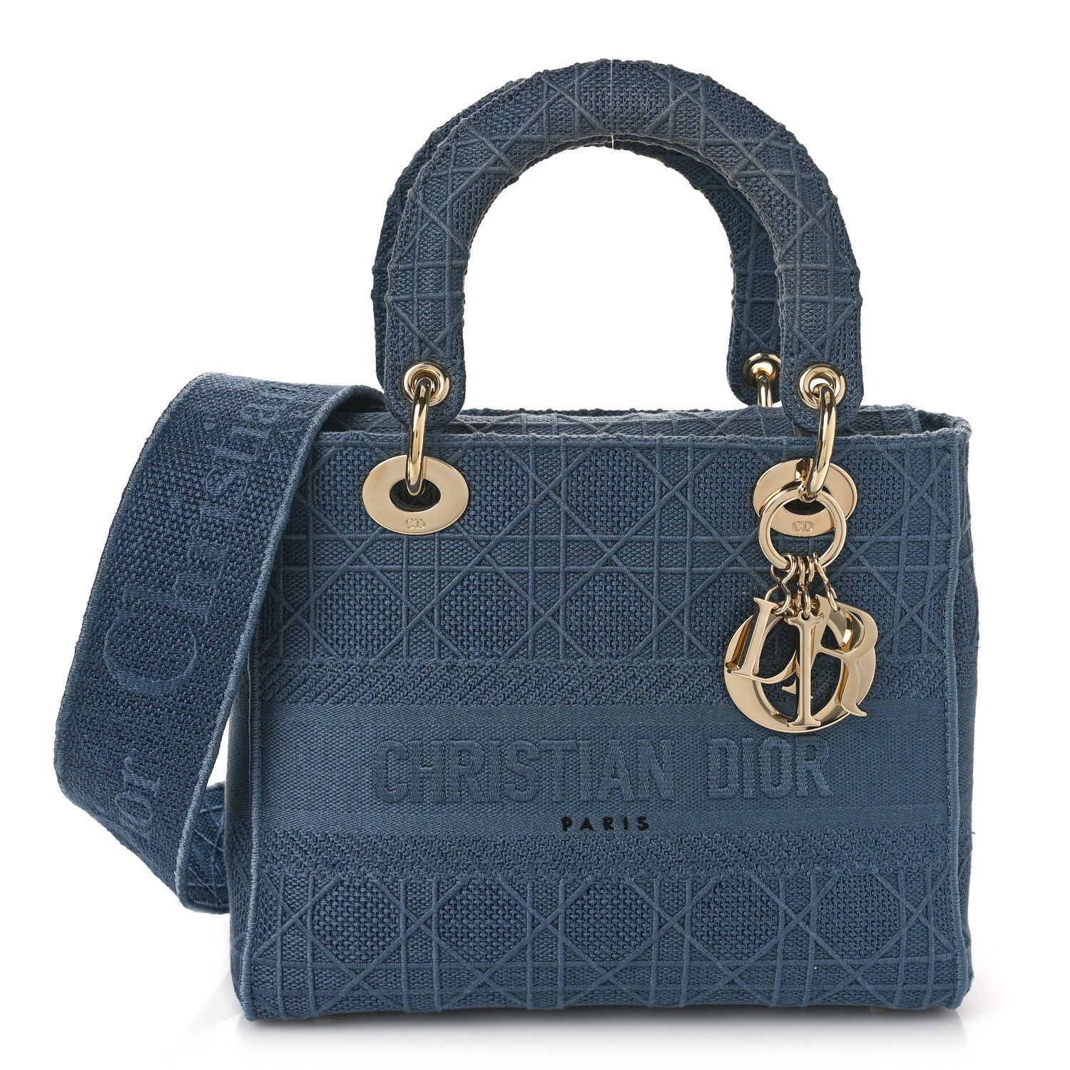 Christian Dior Canvas Embroidered Cannage Medium Lady D-Lite Denim Blue 1 of 8