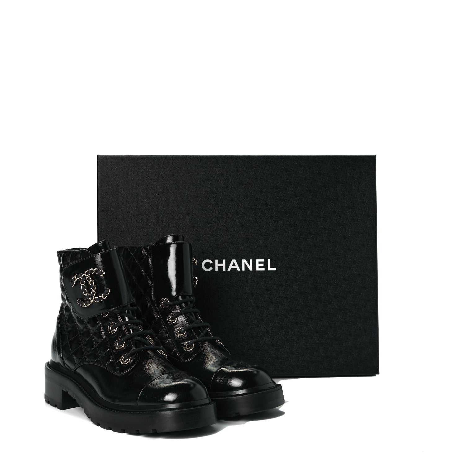 Chanel Shiny Calfskin Quilted Lace Up Combat Boots 39 Black 9 of 9