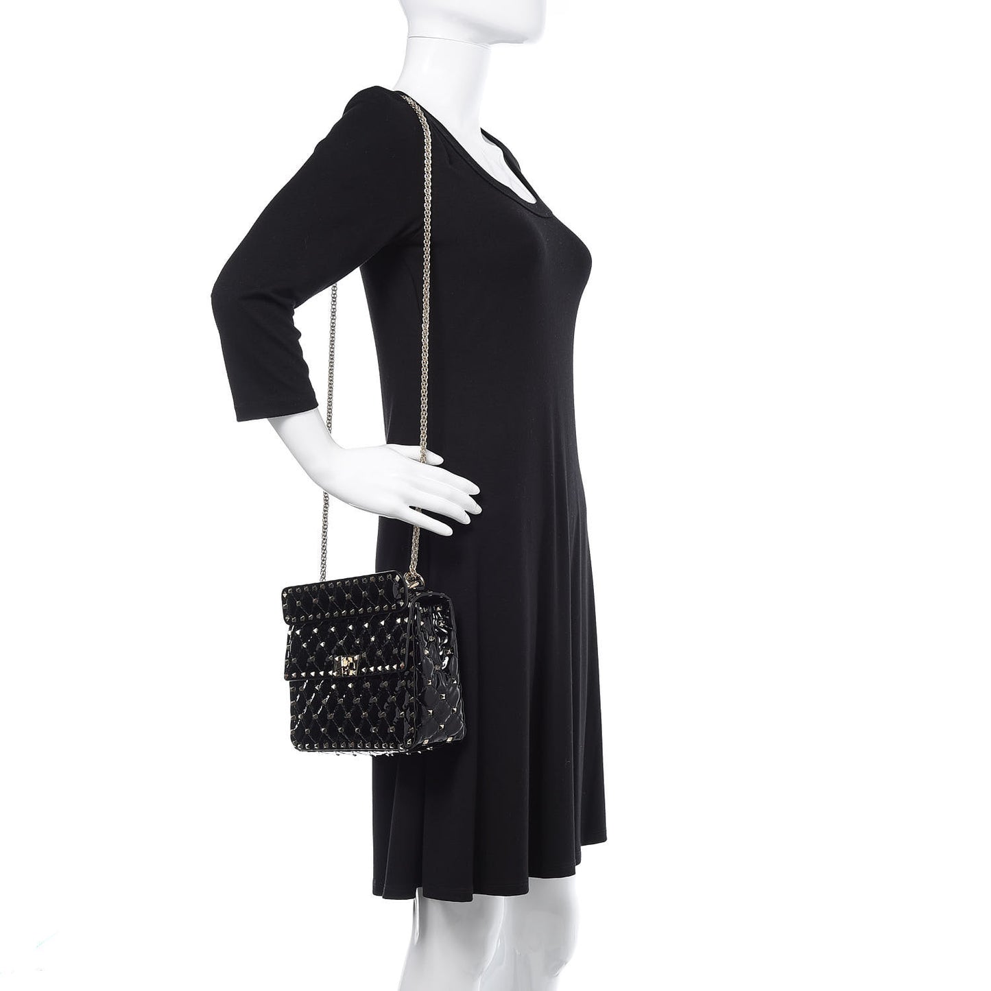 Patent Medium Rockstud Spike Shoulder Bag Black