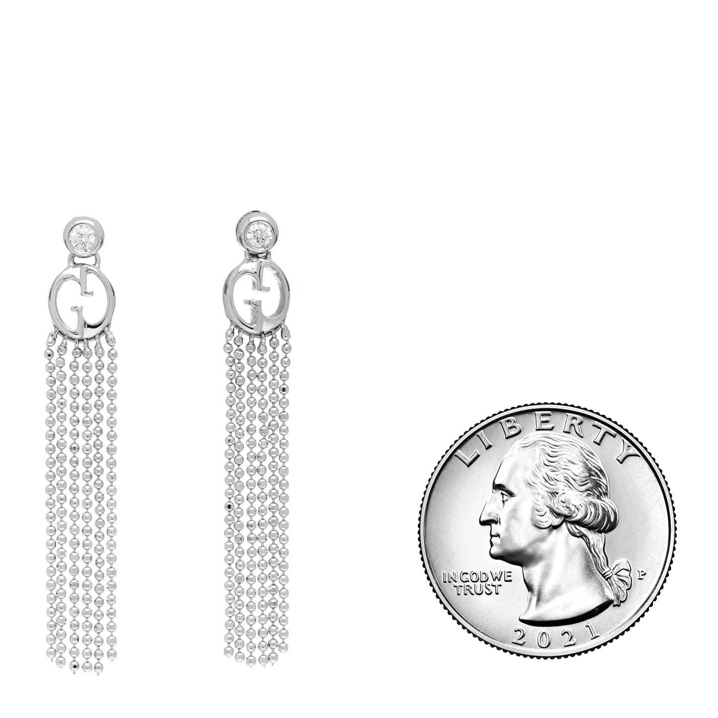 18K White Gold Diamond GG Beaded Tassel Drop Earrings