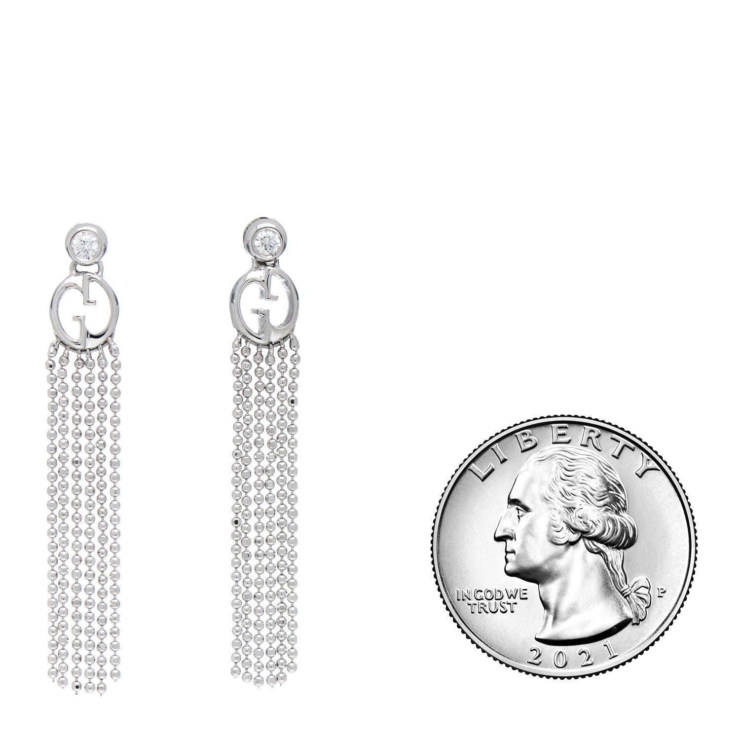Gucci 18K White Gold Diamond GG Beaded Tassel Drop Earrings 2 of 5