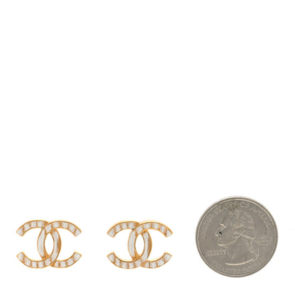 Chanel Metal CC Earrings Gold White 2 of 4