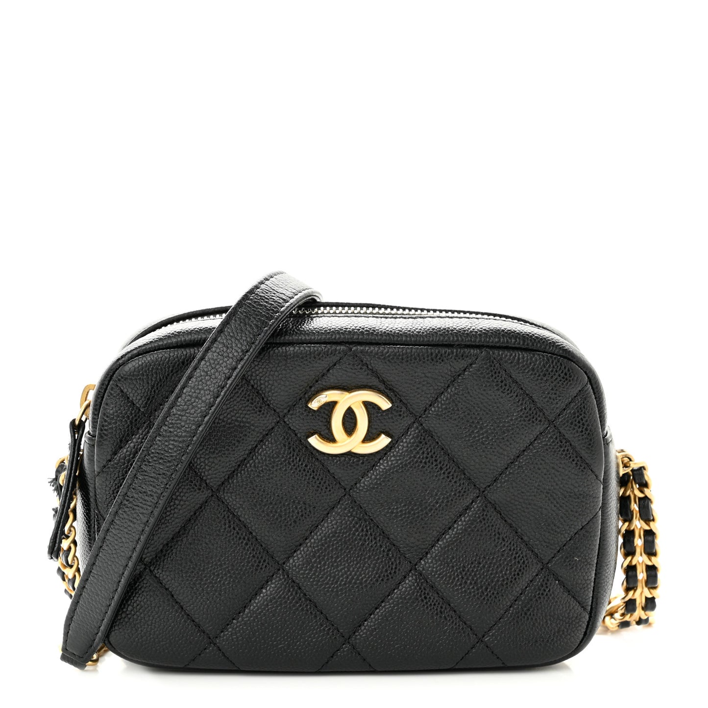 Shiny Caviar Quilted Chain Melody Camera Bag Black