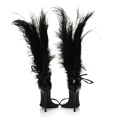 Saint Laurent Feather Embellished Calfskin Talitha Ankle-Wrap Sandals 39 Black 6 of 11