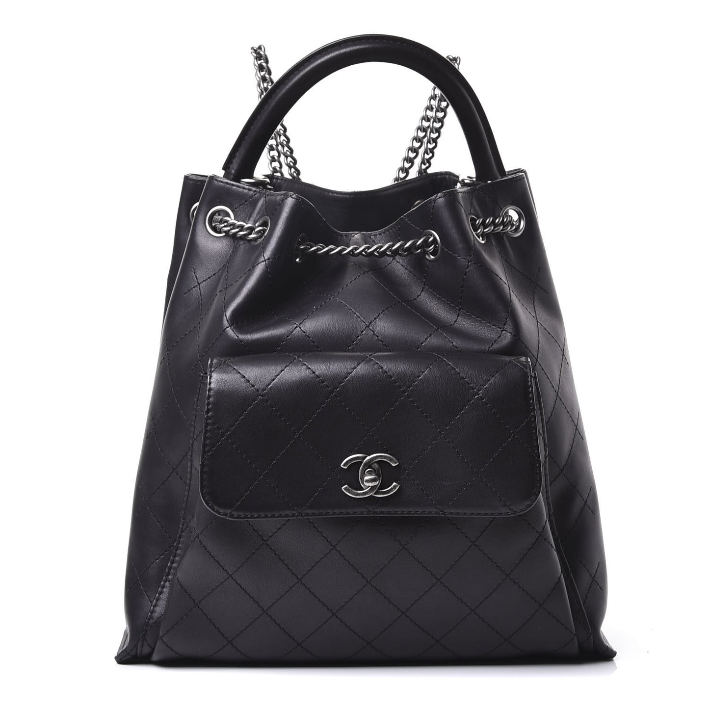 Calfskin Stitched Large Urban Luxury Drawstring Backpack Black