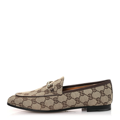 Gucci Canvas GG Monogram Horsebit Womens Jordaan Loafers 37.5 Beige Ebony New Acero 1 of 13