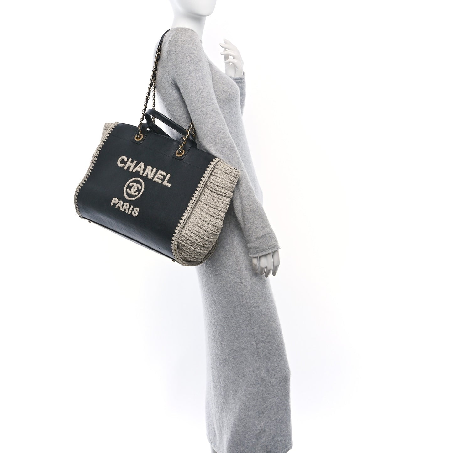 Calfskin Knit Medium Deauville Tote Black Beige