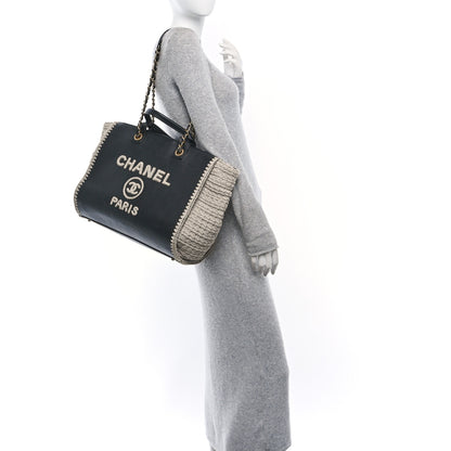 Chanel Calfskin Knit Medium Deauville Tote Black Beige 2 of 12