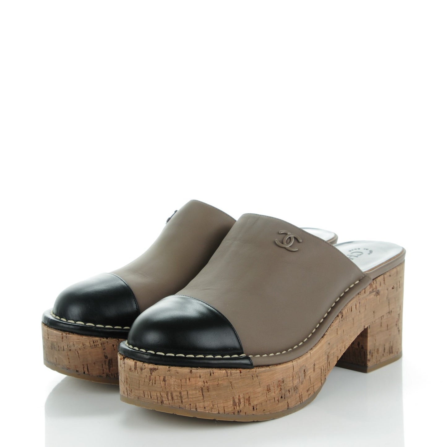 Glazed Calfskin Cork Cap Toe Platform Mules 40 Brown Black