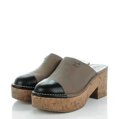 Chanel Glazed Calfskin Cork Cap Toe Platform Mules 40 Brown Black 3 of 9