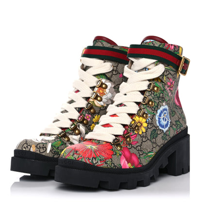 Gucci GG Supreme Monogram Flora Lace Up Combat Ankle Boots 37.5 Beige Multicolor Red 3 of 8