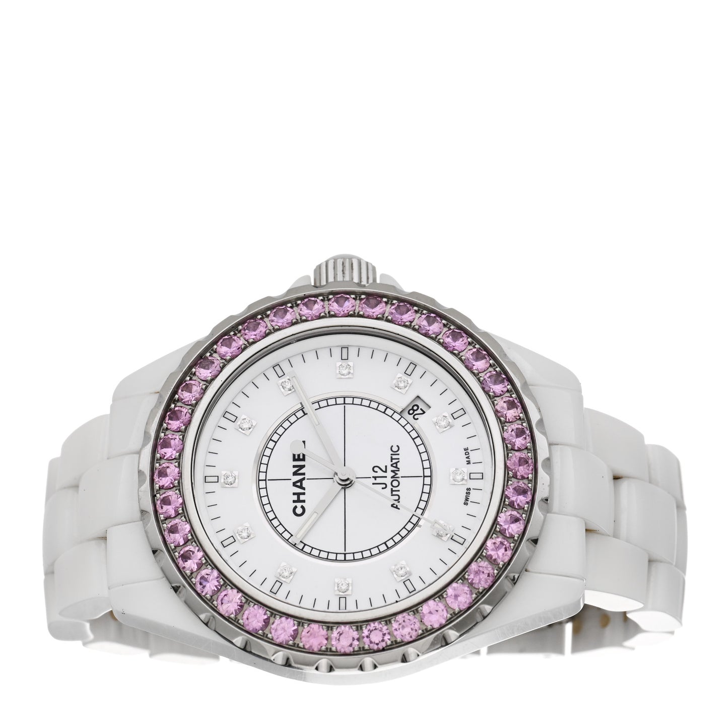 Stainless Steel Ceramic Diamond Pink Sapphire 42mm J12 Automatic Watch White
