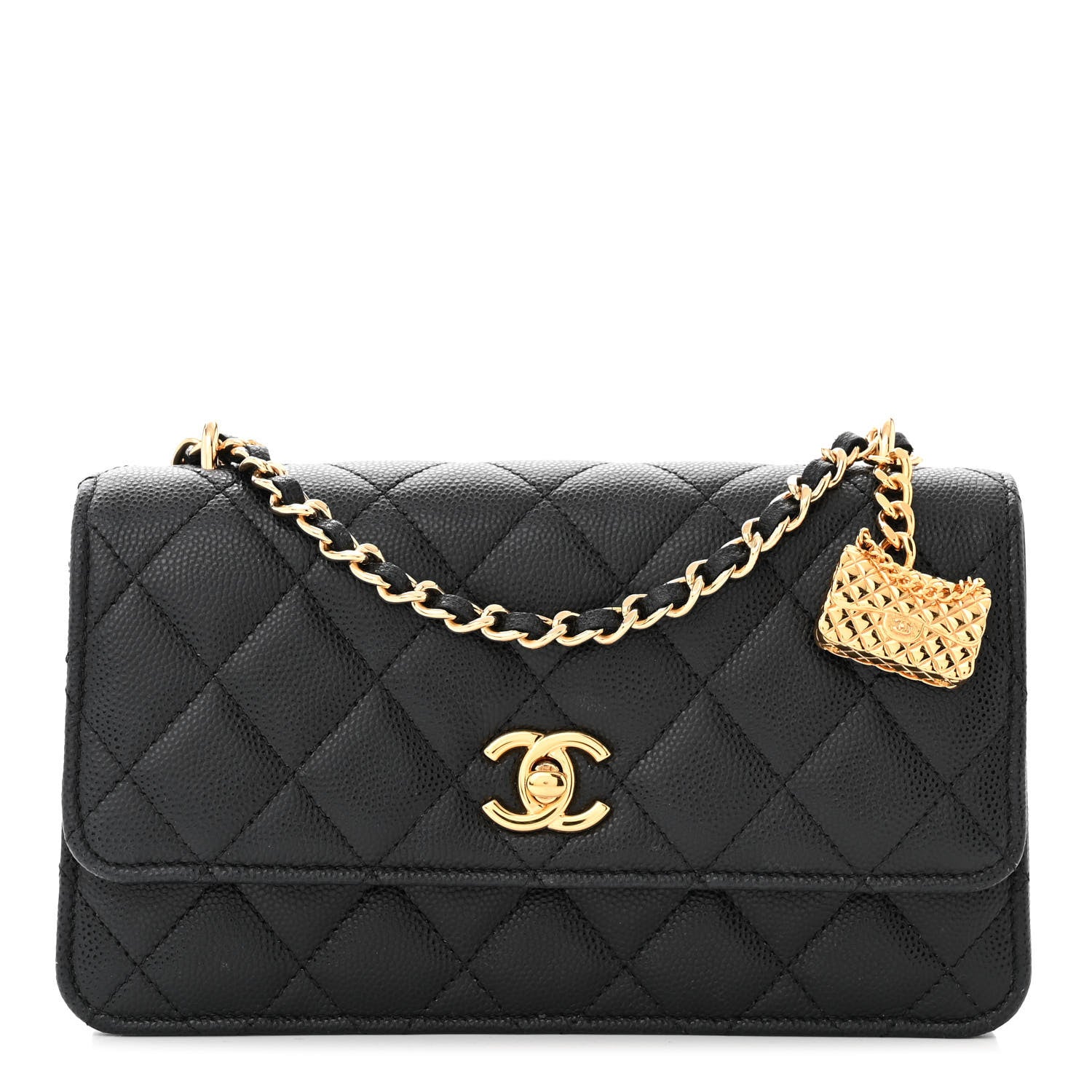 Chanel Shiny Caviar Quilted Flap Charm Wallet On Chain WOC Black 1 of 12