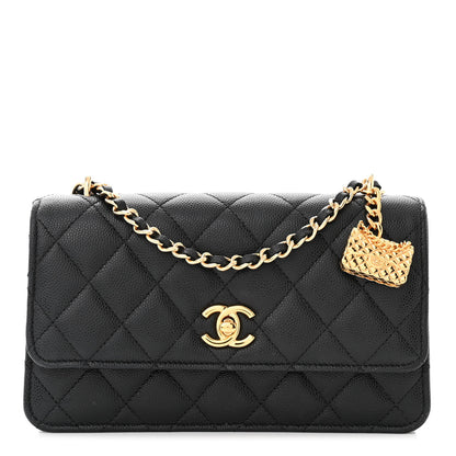 Chanel Shiny Caviar Quilted Flap Charm Wallet On Chain WOC Black 1 of 12