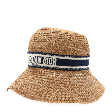 Straw Embroidered Dioriviera D-Wave Large Brim Cloche Hat 58 Natural