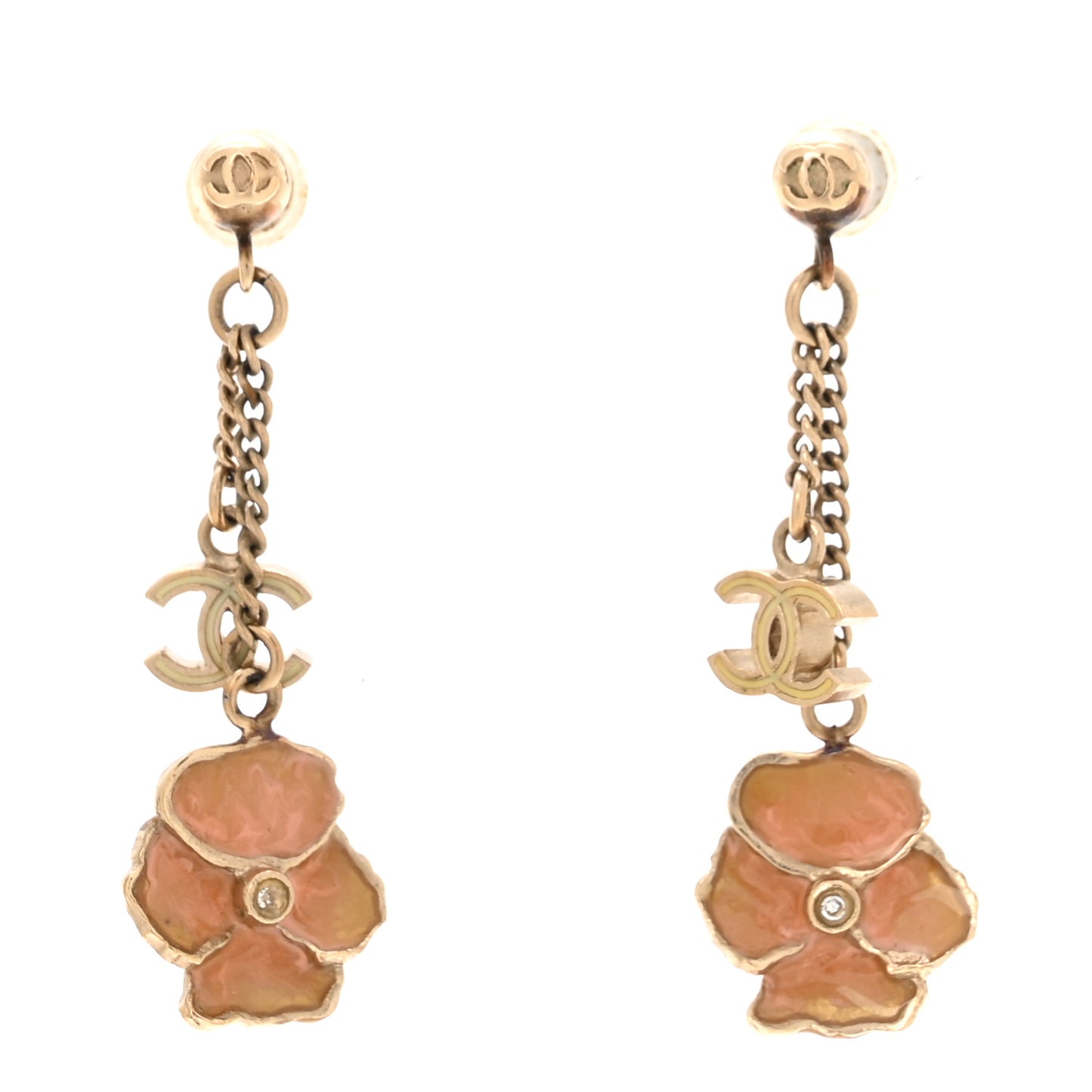 Enamel Crystal CC Camellia Drop Earrings Pink Gold