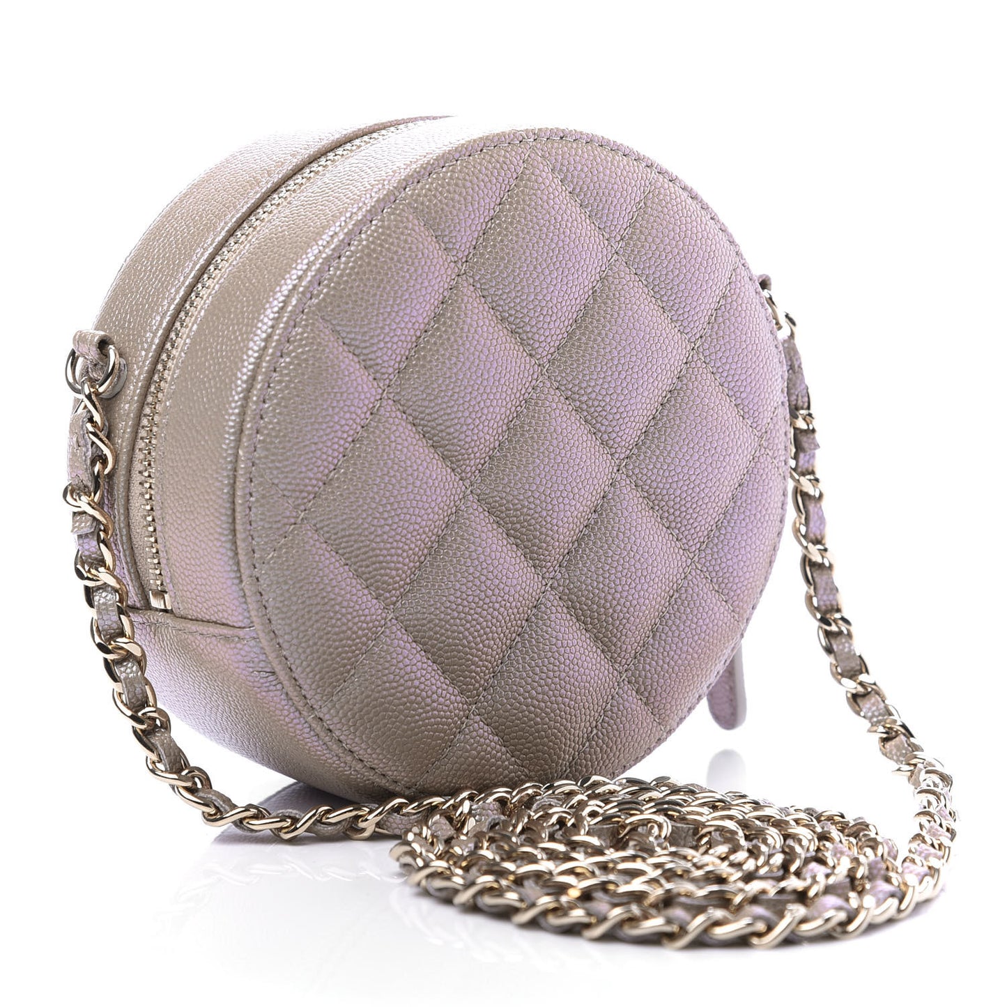 Iridescent Caviar Quilted Round Clutch With Chain Beige