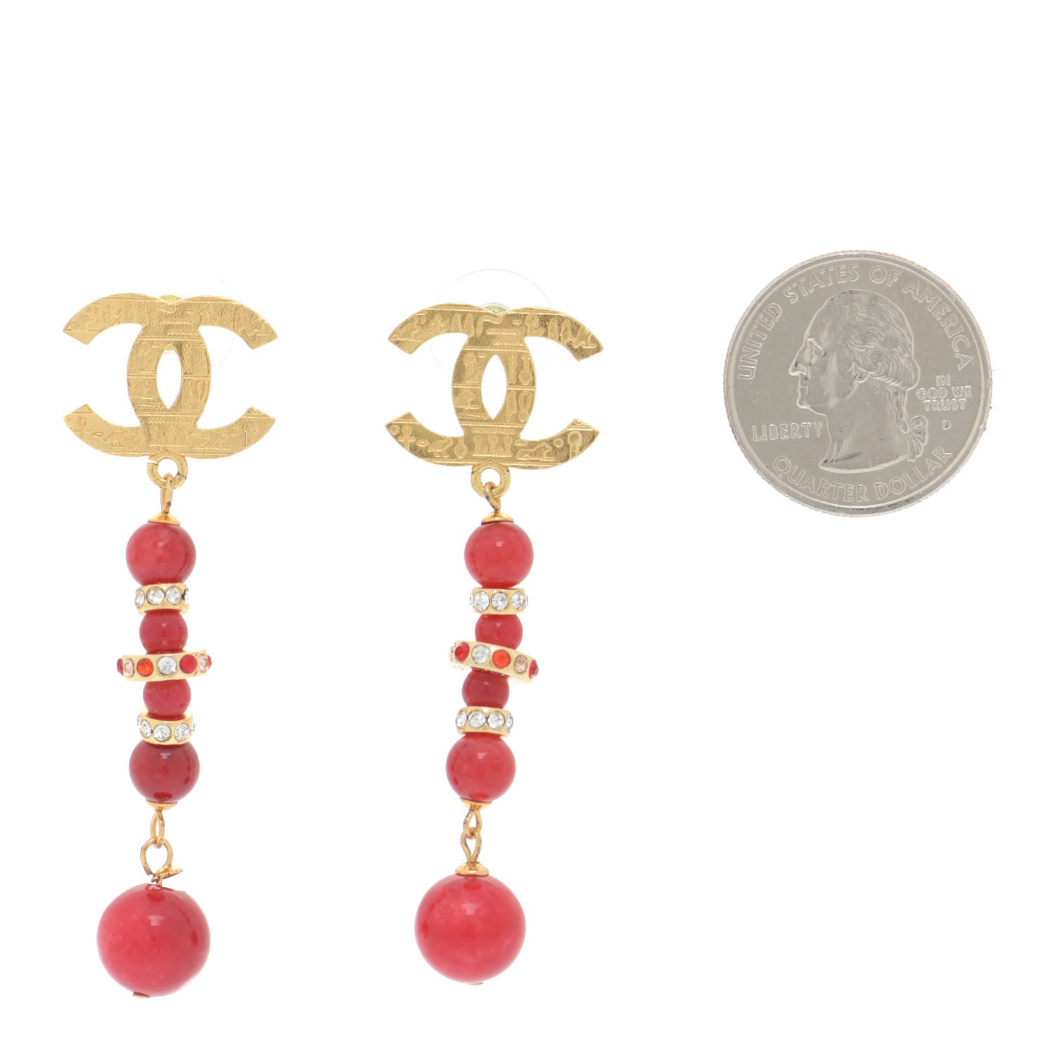 Chanel Crystal Bead Scarab CC Drop Earrings Gold Red 2 of 8