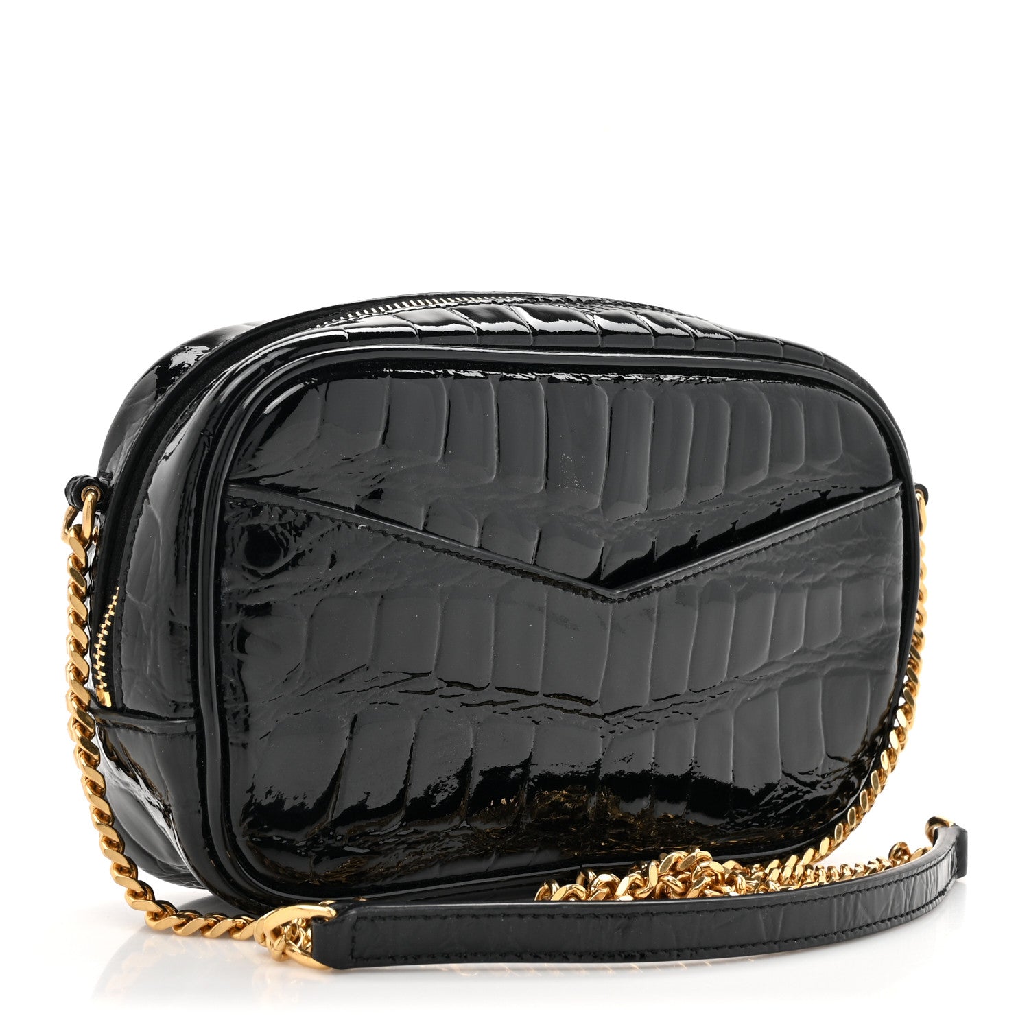 Saint Laurent Patent Calfskin Crocodile Embossed Monogram Mini Lou Camera Bag Black 3 of 12