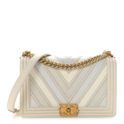 Chanel Caviar Calfskin Shiny Calfskin Chevron New Medium Boy Flap White 1 of 12