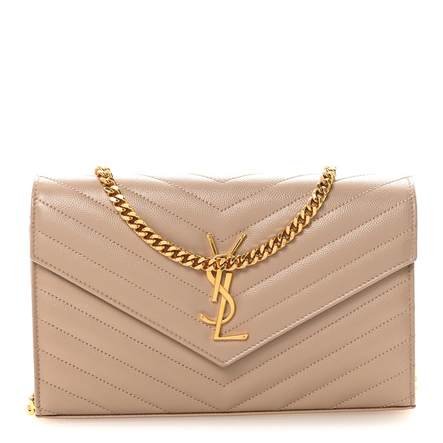 Saint Laurent Grain De Poudre Matelasse Chevron Monogram Chain Wallet Dark Beige 1 of 10