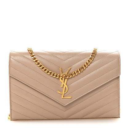 Saint Laurent Grain De Poudre Matelasse Chevron Monogram Chain Wallet Dark Beige 1 of 10